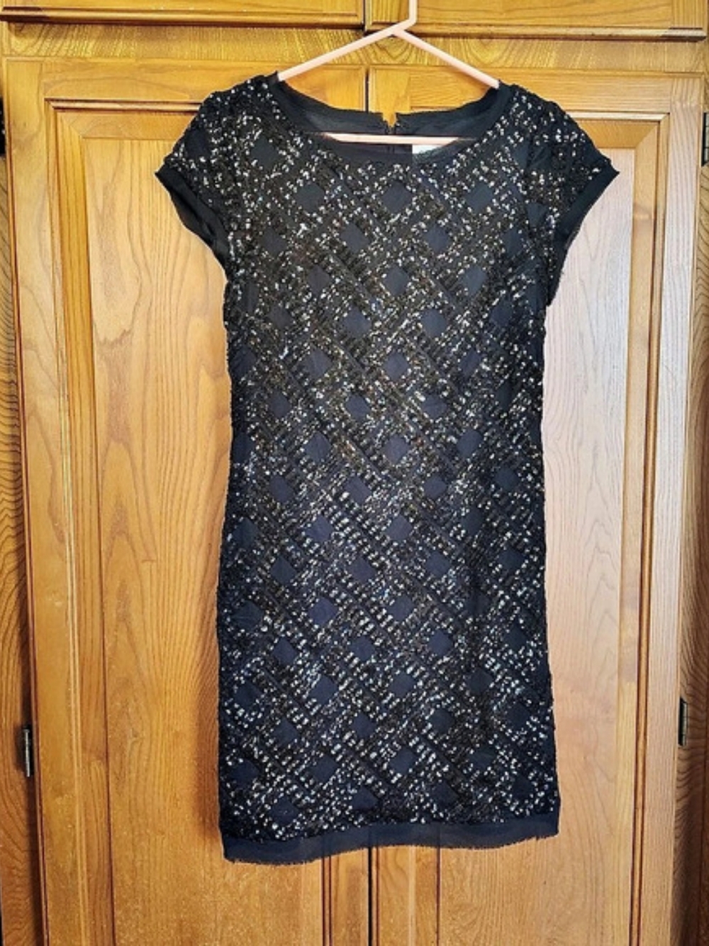 Eliza J Sequin Lattice Mesh Sheath Dress Black Mini Cocktail Dress Size 6